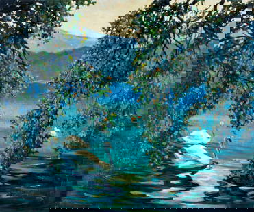 Louis Sharp (CA,NM,IL,1874-1946) oil painting: ARTIST: Louis Hovey Sharp (California, New Mexico, Illinois, 1874 - 1946) NAME: Lke Landscape with Swans MEDIUM: oil on canvas CONDITION: Minor flaking. Some craquelure. Minor scattered inpa