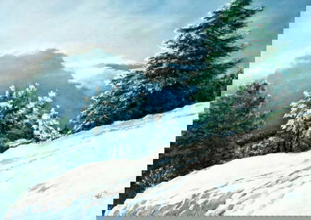 L Dolina (Europe,20C) oil painting: ARTIST: L Dolina (European, 20 century) TITLE: Winter Hilly Landscape MEDIUM: oil on canvas CONDITION: Unstretched (In-House stretching available). Overall good. No visible