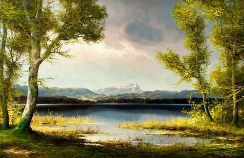 Hans Wagner (Germany,1924-?) oil painting: ARTIST: Hans Wagner (German, 1924 - ???) TITLE: Mountain Lake Landscape MEDIUM: oil on canvas CONDITION: Unstretched (In-House stretching available). Missing a few flakes