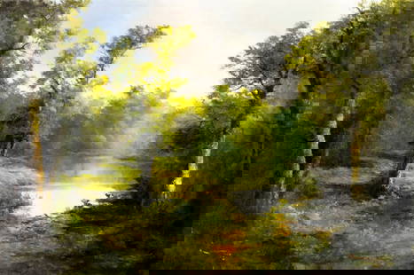 Ron Williams (TN,1947-2016) oil painting: ARTIST: Ron Williams (Tennessee, 1947 - 2016) TITLE: Forest Lake Landscape MEDIUM: oil on canvas CONDITION: Few small paint losses mostly by the lower left corner. No visi