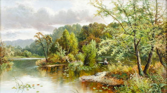Antique 19C British oil painting signed: ARTIST: - (United Kingdom, 19 century) TITLE: Forest Lake Landscape YEAR: 1886 MEDIUM: oil on canvas CONDITION: Relined. Few minor paint losses along e