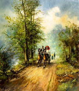 B Selbertinger (German,20C) oil painting: ARTIST: B Selbertinger (Germany, 20 century) TITLE: Forest Landscape with Horse Carriage MEDIUM: oil on canvas CONDITION: Unstretched (In-House stretching available). Minor