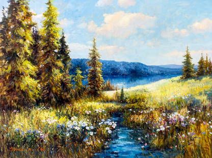 Sang M Lee (South Korea,US,b 1949) oil painting: ARTIST: Sang M Lee (South Korean, American, born 1949) TITLE: River Landscape MEDIUM: oil on canvas CONDITION: Unstretched (In-House stretching available). Overall good. No