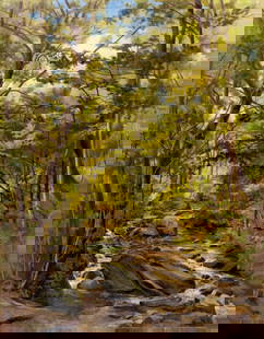 Antique early 20C American oil painting: ARTIST: - (American, early 20 century) TITLE: Forest Landscape MEDIUM: oil on canvas CONDITION: One small patch. Minor scratches/paint losses mostly along edges. Minor cra