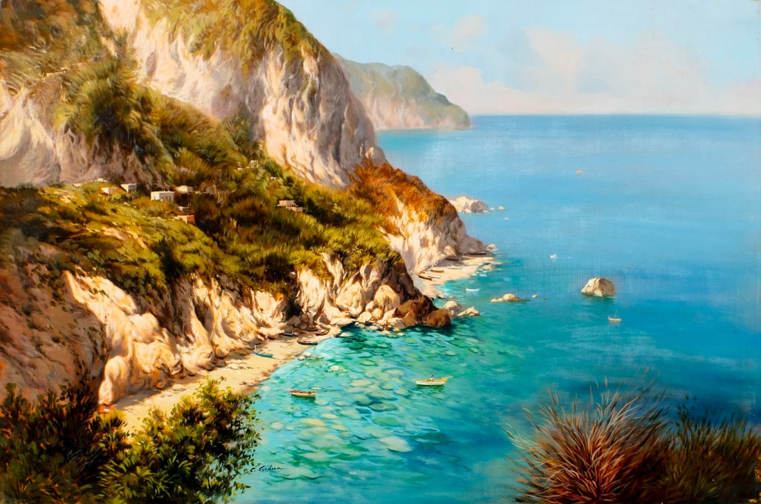 Carlo Cordua (Italy,b 1963) oil painting: ARTIST: Carlo Cordua (Italian, born 1963) TITLE: Coastal Landscape MEDIUM: oil on canvas CONDITION: Unstretched (In-House stretching available). Few minor paint losses. No v