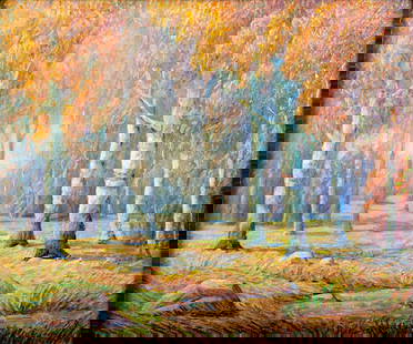 Edwin Dawes (CA,NV,IA,1872-1945) oil painting antique: ARTIST: Edwin Munot Dawes (California, Nevada, Iowa, 1872 - 1945) TITLE: Autumn Forest Landscape MEDIUM: oil on canvas CONDITION: One small repaired tear with correspondin