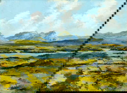 Dennis Gallery (Irish,1943-?) oil painting: ARTIST: Dennis Gallery (Ireland, 1943 - ???) TITLE: Connemara Lake Landscape (titled on verso) YEAR: 1998 MEDIUM: oil on board CONDITION: Overall goo