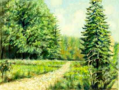V Sever (Europe,20C) oil painting: ARTIST: V Sever (European, 20 century) TITLE: Forest Path Landscape MEDIUM: oil on canvas CONDITION: Unstretched (In-House stretching available). Would benefit from cleaning
