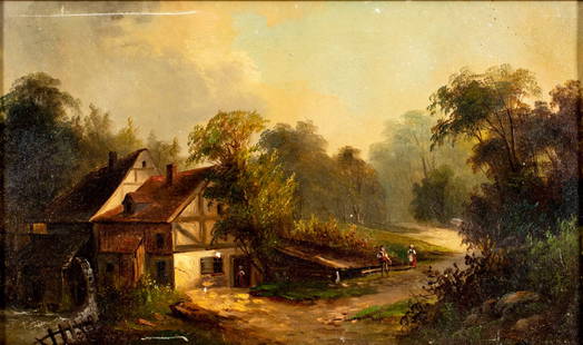 Antique 19C European oil painting: ARTIST: - (Europe, 19 century) TITLE: Village Scene MEDIUM: oil on canvas CONDITION: Some scratches/paint losses mostly along edges. No visible inpaint under UV light.
