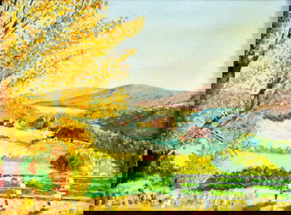 Libby (US,mid 20C) oil painting: ARTIST: Libby (American, mid 20 century) TITLE: Autumn Coutryside Landscape YEAR: 1965 MEDIUM: oil on canvas board CONDITION: Overall good. No visible in