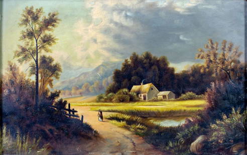 Antique 19C American oil painting: ARTIST: - (American, 19 century) TITLE: Mountain Village Landscape MEDIUM: oil on board CONDITION: Some small scratches/paint losses. Some craquelure. No visible inpaint