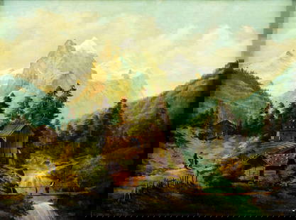 J Walton (US,19C) oil painting antique: ARTIST: J Walton (American, 19 century) TITLE: Mountain Village Landscape YEAR: 1866 MEDIUM: oil on canvas CONDITION: Few small paint losses mostly along
