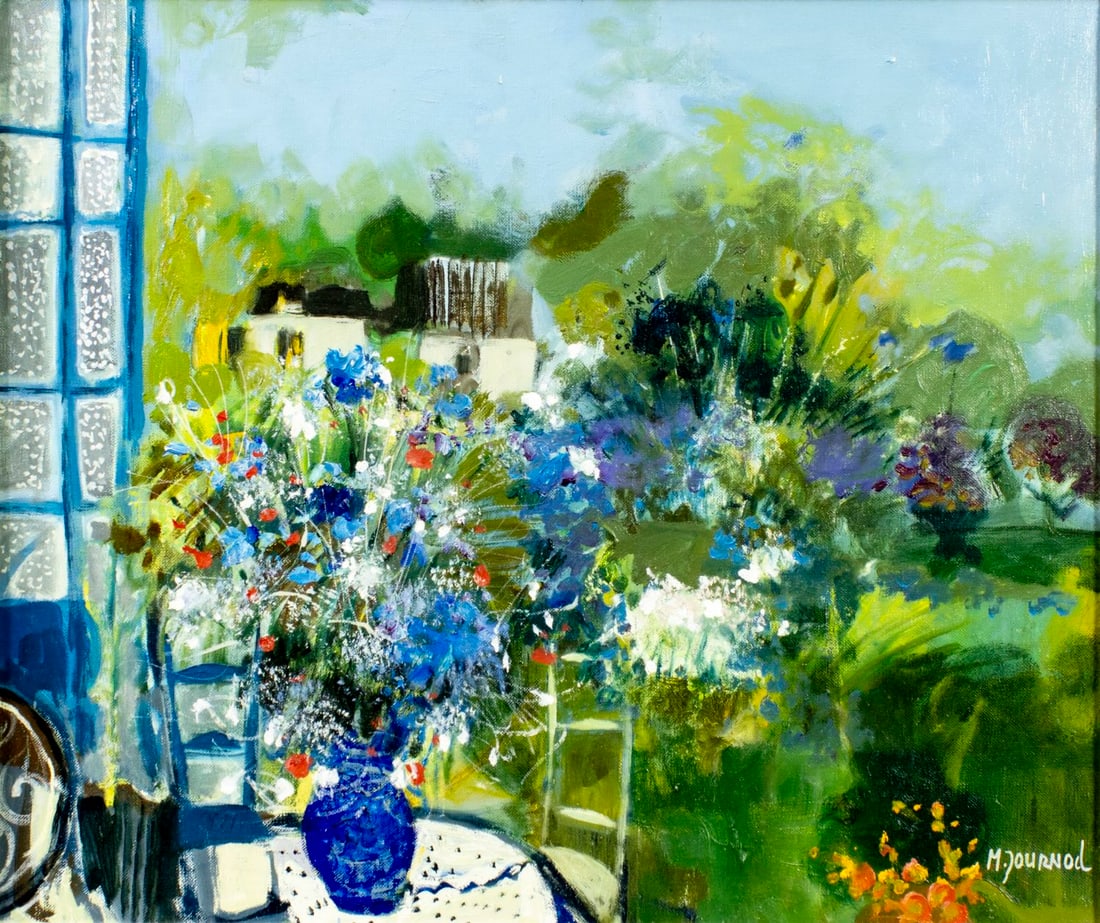 Monique Journod (France,1935-2024) oil painting: ARTIST: Monique Journod (French, 1935 - 2024) TITLE: Landscape with Vase of Flowers MEDIUM: oil on canvas CONDITION: Very good. No visible inpaint under UV light.