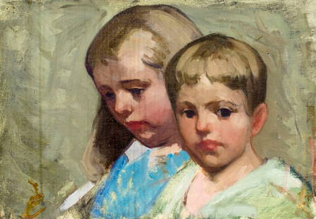 Frank Tolles Chamberlin (NY,CA,1873-1961) oil painting: ARTIST: Frank Tolles Chamberlin (New York, California, 1873 - 1961) TITLE: Portrait of Boy and Girl MEDIUM: oil on canvas CONDITION: Some brown spot in lower left corner. On