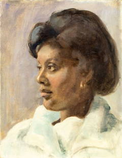 Pat Johnson (US,20C) oil painting: ARTIST: Pat Johnson (American, 20 century) TITLE: Portrait of Woman MEDIUM: oil on canvas CONDITION: Few minor scratches. No visible inpaint under UV light. ART S