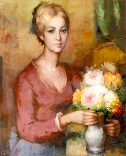 Ruggero Serrato (Italy,1898-?) oil painting: ARTIST: Ruggero Serrato (Italian, 1898 - ???) TITLE: Portrait of Woman with Vase of Flowers MEDIUM: oil on canvas CONDITION: Unstretched (In-House stretching available). S