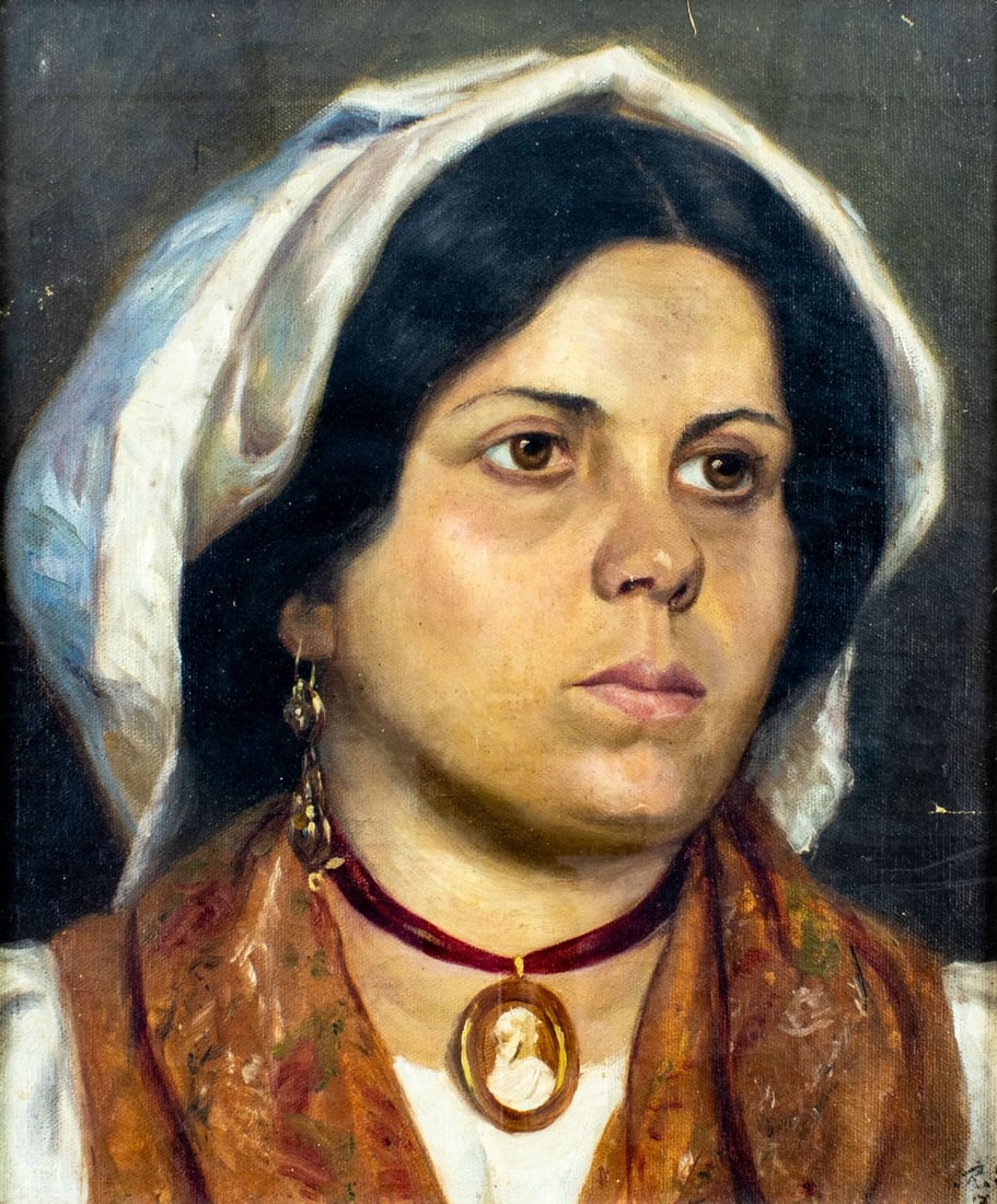 Antique 19C Hungarian oil painting signed: ARTIST: - (Hungary, 19 century) TITLE: Portrait of Woman MEDIUM: oil on canvas CONDITION: Few minor paint losses. Some craquelure. No visible inpaint under UV light. Frame