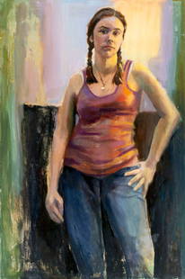 John Reilly (NY,NJ,1942-2021) oil painting: ARTIST: John Reilly (New York, New Jersey, 1942 - 2021) TITLE: Portrait of Woman MEDIUM: oil on board CONDITION: Some damages to corners. Some scratches/paint losses. No v