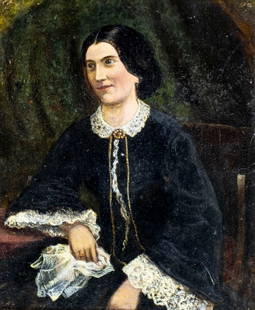 Antique 19C British oil painting: ARTIST: - (United Kingdom, 19 century) TITLE: Portrait of Woman MEDIUM: oil on board CONDITION: Few minor paint losses. Few small surface cracks. Very minor craquelure. No