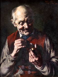 Hein Konig (Germany,1891-1971) oil painting: ARTIST: Hein Konig (German, 1891 - 1971) TITLE: Portrait of Old Man Looking Down at Small Box (titled on label) YEAR: 1948 MEDIUM: oil on board CONDITION: