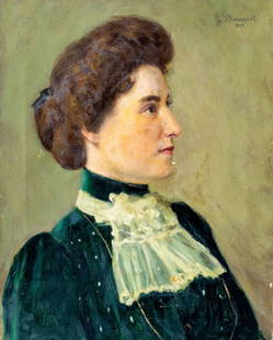 Gaylord Sangston Truesdell (IL,KS,1850-1899) oil painting antique: ARTIST: Gaylord Sangston Truesdell (Illinois, Kansas, 1850 - 1899) TITLE: Portrait of Woman YEAR: 1899 MEDIUM: oil on canvas CONDITION: Two small patch
