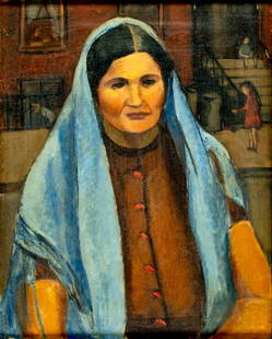 Ruth Lewis (NY,1905-1963) oil painting: ARTIST: Ruth Cohen Lewis (New York, 1905 - 1963) TITLE: Portrait of Woman with Blue Scarf MEDIUM: oil on canvas CONDITION: Very minor craquelure. No visible inpaint under