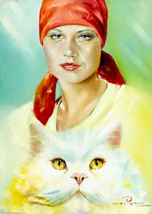 Gastone Peirano (Italy,20C) oil painting: ARTIST: Gastone Peirano (Italian, 20 century) TITLE: Portrait of Woman with Cat MEDIUM: oil on canvas CONDITION: Unstretched (In-House stretching available). Few minor scrat