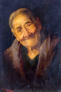 F Ciappa (Italian,19C) oil painting antique: ARTIST: F Ciappa (Italy, 19 century) TITLE: Portrait of Old Woman MEDIUM: oil on canvas CONDITION: Relined. Few minor paint losses. Few minor scattered inpaintings/touch ups. Minor craquelure. ART