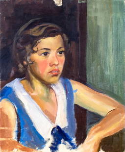 Elizabeth Jewell (WA,MA,1874-1956) oil painting: ARTIST: Elizabeth Galbraith McIntyre Jewell (Washington, Massachusetts, 1874 - 1956) NAME: Portrait of Girl MEDIUM: oil on canvas CONDITION: Restretched. Few paint losses. No visible inpaint