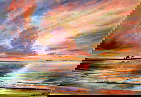 Valentin Ukrainets (Ukraine,b 1965) oil painting: ARTIST: Valentin Ukrainets (Ukrainian, born 1965) TITLE: Seascape - Sun Rays and Calm Sea (titled on verso) MEDIUM: oil on heavy paper CONDITION: Very good. No visible inpai