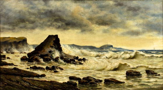 J Macdonald (UK,19C) oil painting antique: ARTIST: J Macdonald (United Kingdom, 19 century) TITLE: Seascape YEAR: 1881 MEDIUM: oil on canvas CONDITION: Few minor paint losses. Some craquelure. No