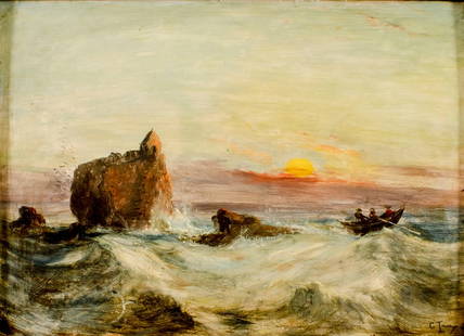 C Towney (UK,early 20C) oil painting antique: ARTIST: C Towney (United Kingdom, early 20 century) TITLE: Sunset Seascape with Boat MEDIUM: oil on board CONDITION: Few minor scratches/paint losses. Minor craquelure. Some