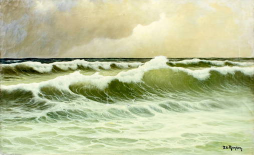 Edouard Mandon (France,1885-1977) oil painting: ARTIST: Edouard Mandon (French, 1885 - 1977) TITLE: Seascape MEDIUM: oil on canvas CONDITION: Unstretched (In-House stretching available). Some paint losses. Some craquel