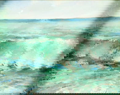 Edmund Ernest Kosmowski (Poland,France,1900-1985) oil painting antique: ARTIST: Edmund Ernest Kosmowski (Polish, French, 1900 - 1985) TITLE: Seascape YEAR: 1946 MEDIUM: oil on board CONDITION: Few small paint losses. Very m