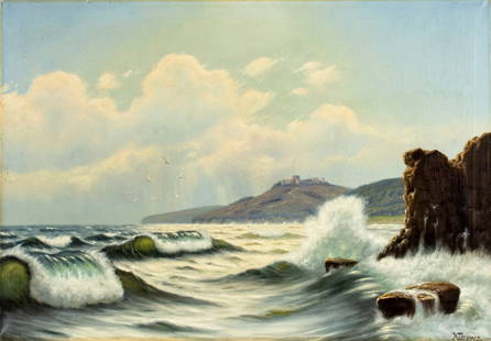 Kai Jeppe Drews (Danish,1884-1964) oil painting: ARTIST: Kai Jeppe Drews (Denmark, 1884 - 1964) TITLE: Seascape MEDIUM: oil on canvas CONDITION: Few minor paint losses. Some craquelure. No visible inpaint under UV light.