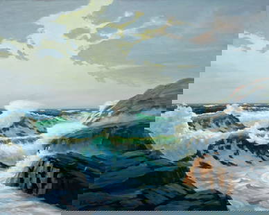 George Holloway (NJ,20C) oil painting: ARTIST: George Holloway (New Jersey, 20 century) TITLE: Seascape MEDIUM: oil on canvas CONDITION: Overall good. No visible inpaint under UV light. ART SIZE: