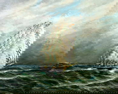 Gunter Seekatz (German,1928-?) oil painting: ARTIST: Gunter Seekatz (Germany, 1928 - ???) TITLE: Sail Ship MEDIUM: oil on canvas CONDITION: Unstretched (In-House stretching available). Some paint losses. Some craquel