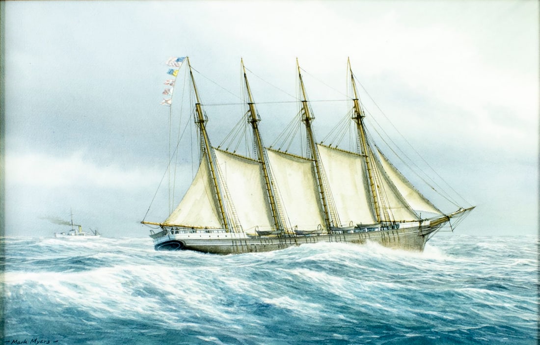Mark Richard Myers (CA,UK,b 1945) watercolor painting: ARTIST: Mark Richard Meyers (California, United Kingdom, born 1945) TITLE: Ship - Sophie Christiansen and Cutter (titled on label) YEAR: 1987 MEDIUM: watercolor on paper