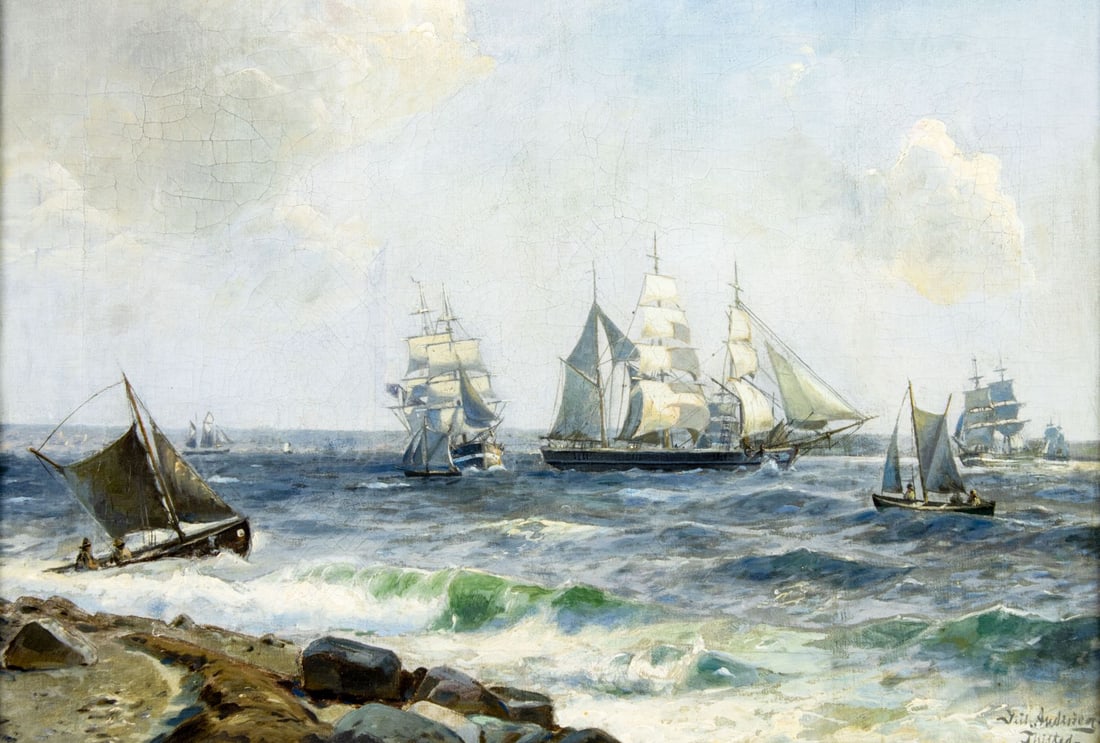 J Andersen (Danish,19C) oil painting antique: ARTIST: J Andersen (Denmark, 19 century) TITLE: Sail Ships at Sea MEDIUM: oil on canvas CONDITION: Some craquelure. Some scattered inpaitings. ART SIZE: