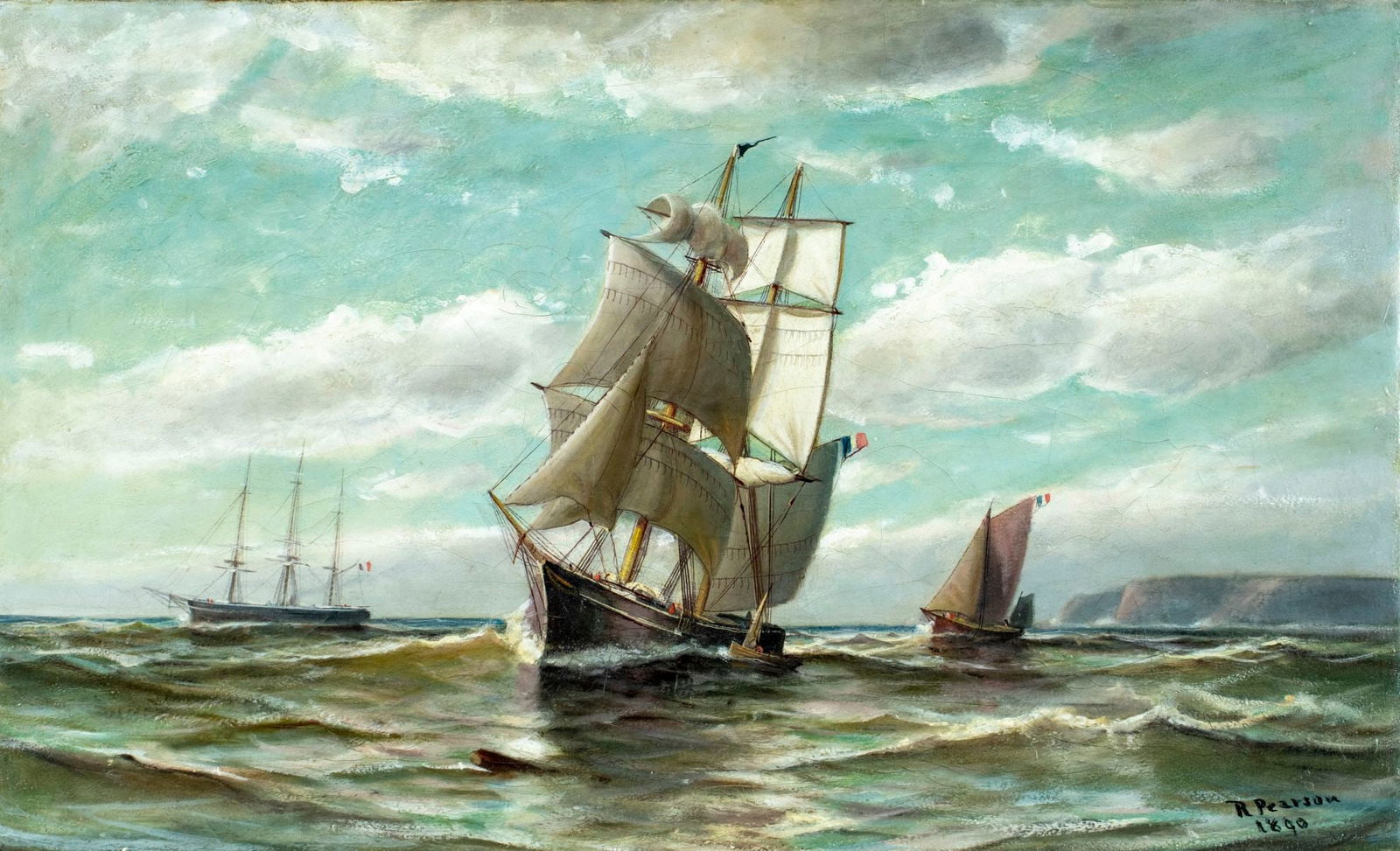 Robert Pearson (US,?-1891) oil painting antique: ARTIST: Robert Pearson (American, ??? - 1891) TITLE: French Sail Ships YEAR: 1890 MEDIUM: oil on canvas CONDITION: Relined. Few minor paint losses. Som