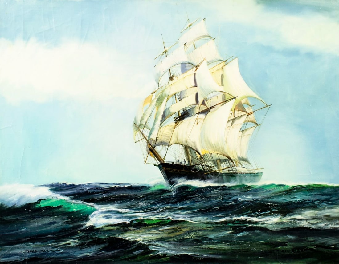 James Blade (UK,20C) oil painting: ARTIST: James Blade (United Kingdom, 20 century) TITLE: Sail Ship MEDIUM: oil on canvas CONDITION: Unstretched (In-House stretching available). Minor paint losses. Some craq