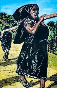 Evelyn Metzger (NY,Brazil,1911-2007) oil painting: ARTIST: Evelyn Borchard Metzger (New York, Brazilian, 1911 - 2007) TITLE: Tanzanian Woman (titled on verso) YEAR: 1996 MEDIUM: oil on board CONDITION: