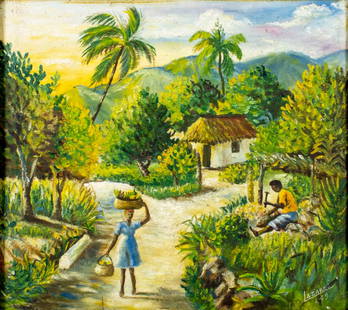Lazarus (Jamaica,mid 20C) oil painting: ARTIST: Lazarus (Jamaican, mid 20 century) TITLE: Jamaican Village Scene YEAR: 1949 MEDIUM: oil on canvas CONDITION: One small tear by the lower edge 1 1/2" long. Some small paint losses. Some