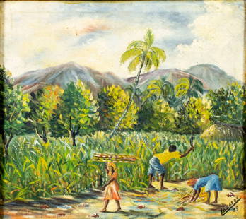 Lazarus (Jamaica,mid 20C) oil painting: ARTIST: Lazarus (Jamaican, mid 20 century) TITLE: Jamaican Village Scene YEAR: 1949 MEDIUM: oil on canvas CONDITION: Missing a few flakes of paint. Minor craquelure. No visible inpaint under UV