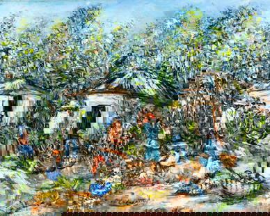 Vintage 20C Haitian oil painting signed: ARTIST: - (Haiti, 20 century) TITLE: Haitian Village Scene MEDIUM: oil on canvas CONDITION: Some craquelure. No visible inpaint under UV light. Normal wear along edges.