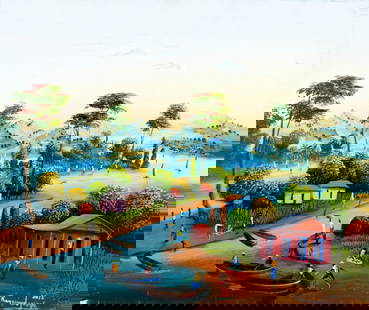 Raymond Joseph (Haiti,20/21C) oil painting: ARTIST: Raymond Joseph (Haitian, 20/21 centuries) TITLE: Haitian Village Scene YEAR: 2017 MEDIUM: oil on canvas CONDITION: Few small scratches/paint losses. No visible inpaint under UV light. Normal