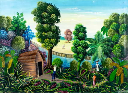 Wesner Julien (Haiti,20C) oil painting: ARTIST: Wesner Julien (Haitian, 20 century) TITLE: Haitian Landscape MEDIUM: oil on canvas CONDITION: Some paint losses. Some craquelure. No visible inpaint under UV light. ART SIZE: 29 x 40 inches /