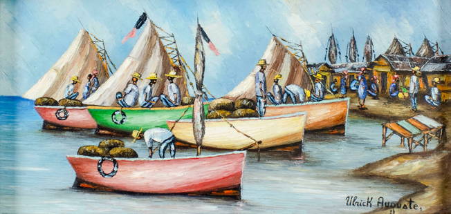 Ulrick Auguate (Haiti,20C) oil painting: ARTIST: Ulrick Auguate (Haitian, 20 century) TITLE: Haitian Harbor Scene MEDIUM: oil on canvas CONDITION: Very good. No visible inpaint under UV light. ART SIZE: 8 x 16 inches / 20 x 40 cm FRAME