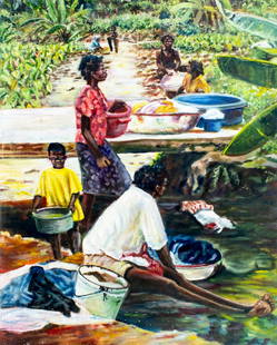Marcellus Mathieu (Haiti,20/21C) oil painting: ARTIST: Marcellus Mathieu (Haitian, 20/21 centuries) TITLE: Haitian Village Scene YEAR: 2008 MEDIUM: oil on canvas CONDITION: Few small scratches/paint losses. No visible inpaint under UV light.