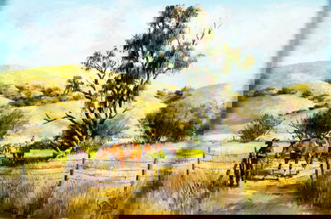 Roby (US,20C) oil painting: ARTIST: Roby (American, 20 century) TITLE: East of King City MEDIUM: oil on canvas CONDITION: Few minor paint losses. Minor craquelure. No visible inpaint under UV light. Wear to frame. ART SIZE: 20